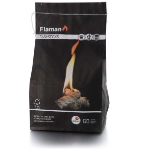 Flaman Accendifuoco Easysticks, 60 pezzi, lana di legno in sacchetto nero.