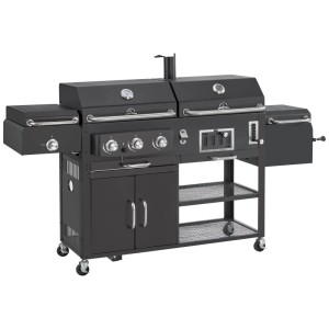 Jamestown Kombigrill Drake : Barbecue combiné gaz, charbon et fumoir, avec étagères et roulettes.