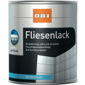 Dose OBI Fliesenlack, weiß, seidenmatt, für Bad und Küche. Grundierung und Lack in einem.