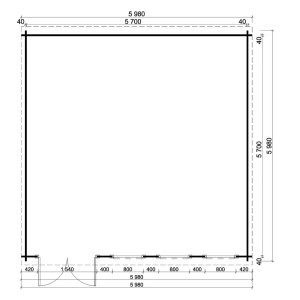 Pianta Alpholz casetta da giardino Atrium-D, 600x625 cm, tetto a falda unica, dimensioni e disposizione finestre.
