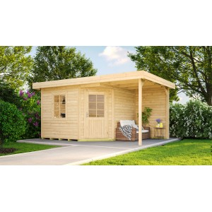 Casetta da giardino in legno non trattato con tetto piatto e terrazza coperta, 442x278 cm.
