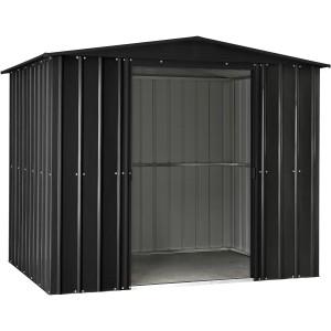 Abri de jardin en métal Globel Industries 8x6 anthracite avec porte coulissante ouverte.