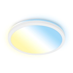 Plafonnier LED Briloner Kada blanc, rond, avec température de couleur réglable et effet de rétroéclairage.