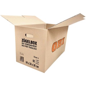 Carton de déménagement OBI marron ouvert (taille L, 82 l) en carton certifié FSC® avec poignées.