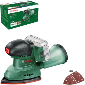 Ponceuse multifonction sans fil Bosch EasySander 18V-8 Solo, ponceuse verte avec boîte à poussière et papier de verre.