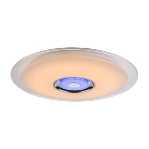 Plafoniera LED rotonda Tune con decoro in cristallo e altoparlante Bluetooth.