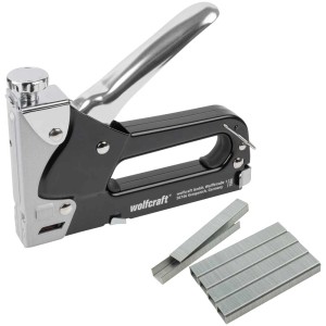 Set cucitrice manuale Wolfcraft Tacocraft 7 con 1001 punti metallici, ideale per lavori di ristrutturazione.