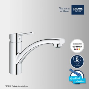 Miscelatore cucina Grohe QuickFix Swift, cromato, con bocca bassa e area di rotazione.
