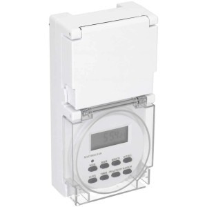 Digitale Zeitschaltuhr, IP55, für Hausfunksteuerung. Weiss, mit Display und Klappdeckel.