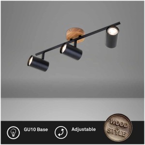 Spot noir Briloner Muritz avec 3 douilles GU10 et détails en bois.