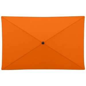 Rechteckiger Doppler Sonnenschirm Myzone, orangefarbene Polyesterbespannung von oben mit schwarzer Mitte.