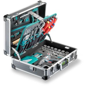 Mallette à outils ouverte Technocraft Alu Pro GSR 147 avec outils et visseuse sans fil.
