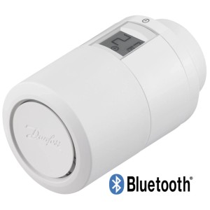 Weißer Danfoss Eco Bluetooth Thermostatkopf für Heizkörper mit LCD-Anzeige.