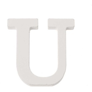 Lettera U bianca in MDF, alta 5,5 cm, ideale per l'artigianato e la decorazione.