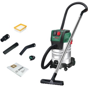 Aspirapolvere Bosch PAS 30-240 PRS per liquidi e solidi con serbatoio in acciaio inox e accessori.
