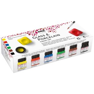 Kreul Glas- und Porzellanfarben Set Classic mit 6 Farben und Pinsel.