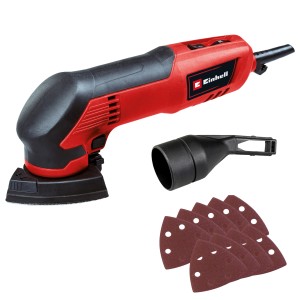 Ponceuse delta Einhell TC-DS 20 E avec accessoires : papiers abrasifs et adaptateur d'aspiration.