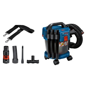 Aspirateur industriel sans fil Bosch Professional GAS 18 V-10 L avec accessoires et tuyau.