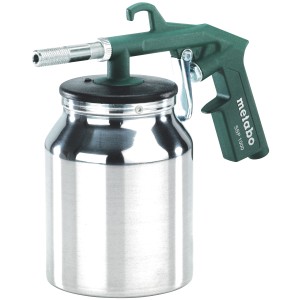 Pistolet de sablage Metabo SSP 1000 pour compresseurs, avec godet en acier et poignée verte.