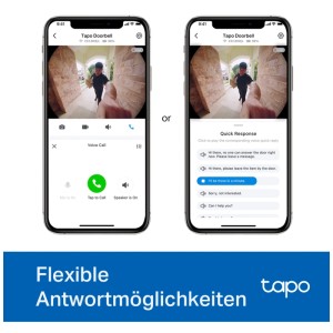 Tapo D235 Video-Türklingel: Smartphone-Ansicht mit Live-Video und Schnellantwort-Optionen.