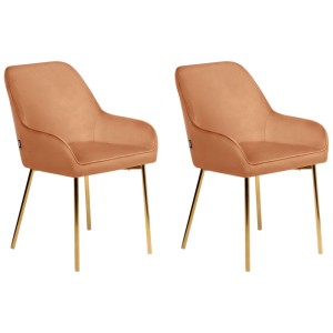 Lot de 2 chaises de salle à manger Loverna en velours orange avec pieds dorés.