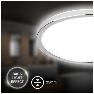 Plafonnier LED Briloner Pulap moderne, rond, chromé, avec effet rétroéclairage. Design plat, idéal pour salle de bain.