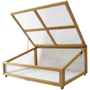 Serra a tunnel per letto rialzato VegTrug piccolo, telaio in legno con copertura trasparente, coperchio aperto.
