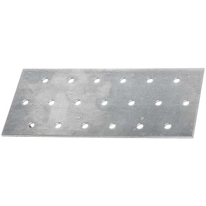 Piastra forata in acciaio zincato, 140x60mm, per collegamento e stabilizzazione del legno con fori per viti.