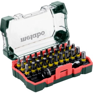 Metabo Bitbox SP, jeu de 32 pièces avec embouts, porte-embouts et conception TX à code couleur dans un boîtier transparent.