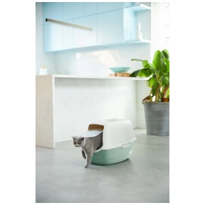 Litière pour chat Rotho Eco Bailey vert sauge avec chat sortant.