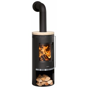 Poêle à bois Justus Faro 2.0, acier noir avec pierre de sable beige, 6 kW, classe énergétique A+.
