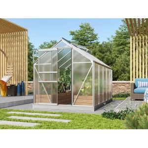Serra Vitavia Venus 6200, alluminio naturale, 6,2 m², con porta aperta in giardino.