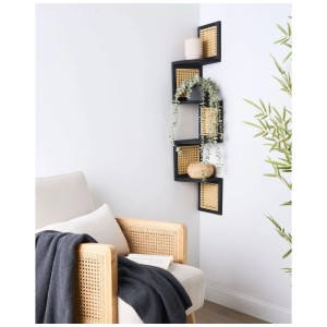 Étagère d'angle noire Alder en paulownia avec cannage, 4 niveaux décalés. Style rétro pour bibliothèques.