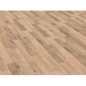 Heller Laminatboden in Eiche Wasabi Altholzstruktur mit Maserung und 3-Stab-Optik.