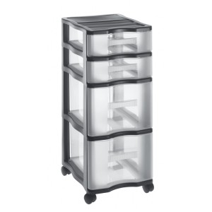 Schwarzer Rotho Schubladenturm Quadrix mit 4 transparenten Schubladen und Rollen, 70x40x29 cm.