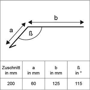 Disegno tecnico ingresso grondaia in alluminio naturale, taglio 200x2000 mm, dimensioni a, b, β.