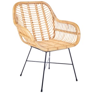Chaise de salle à manger en rotin marron Beliani Canora avec structure en métal noir.