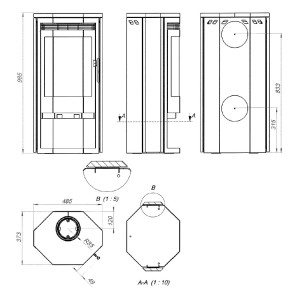 Dessin technique du poêle Justus Usedom 5 avec dimensions et détails.