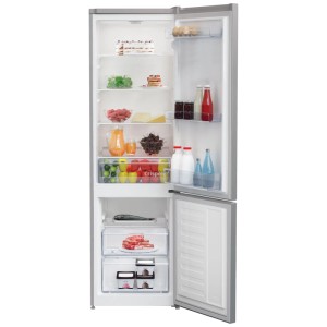 Réfrigérateur-congélateur Beko KG120 argent, ouvert et rempli d'aliments. 291 L, éclairage LED.