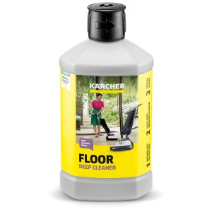 Kärcher RM 533 détergent de base pour sols durs, bouteille avec étiquette jaune et exemple d'application.