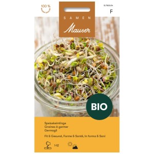Semi germogliabili biologici 'Fit e Sani' in vetro: Mix di germogli di fagioli mung, ravanello e grano.