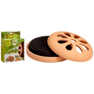 Porta spirali di incenso in terracotta marrone con coperchio e spirali di incenso. Controllo dei parassiti per il giardino.