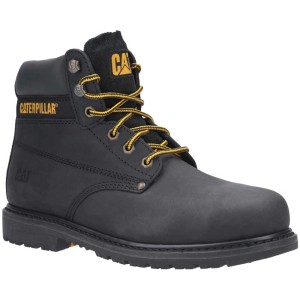 Chaussure de sécurité noire Cat Powerplant S3, taille 40, en cuir nubuck avec lacets jaunes.