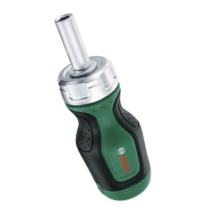 Tournevis à cliquet compact Bosch Stubby avec 6 embouts et manche vert et noir.