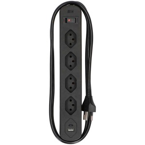 Schwarze Steckdosenleiste mit 4 T13 Steckdosen, USB-A/C und 1,5 m Kabel.