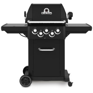 Broil King Royal 390 Shadow barbecue a gas, nero, con griglie in ghisa e fornello laterale.