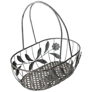 Cesto ovale in metallo con manico, grigio antico, con decoro floreale per giardino e balcone.