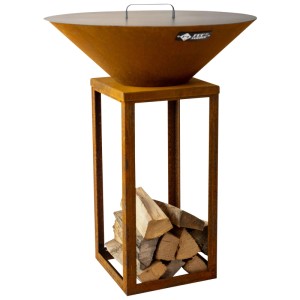 Brasero Feu du Jardin Fyro 80 aspect rouille avec rangement bois et couvercle.