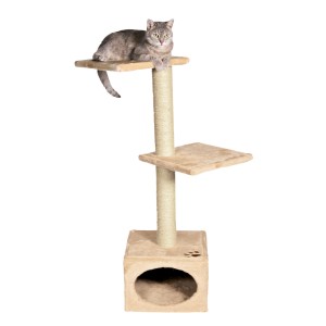 Arbre à chat Jollypaw Jelly beige (109 cm) avec chat sur la plateforme.