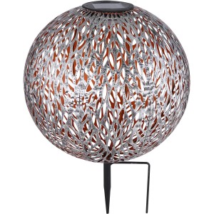 Globo LED-Solarleuchte mit Ornamentkugel und Erdspieß, silber-goldfarben, für den Außenbereich.